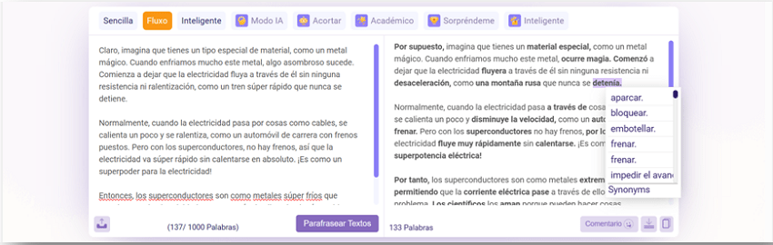 Herramienta para la optimización del contenido: Parafrasear Textos Modo Fluxo Parafrasear Textps