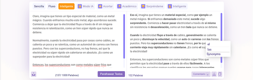 Herramienta para la optimización del contenido: Parafrasear Textos Modo Inteligente Parafrasear Textos