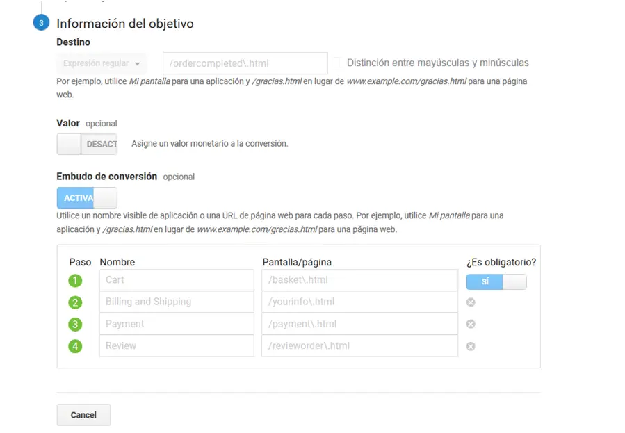 información del objetivo en google analytics